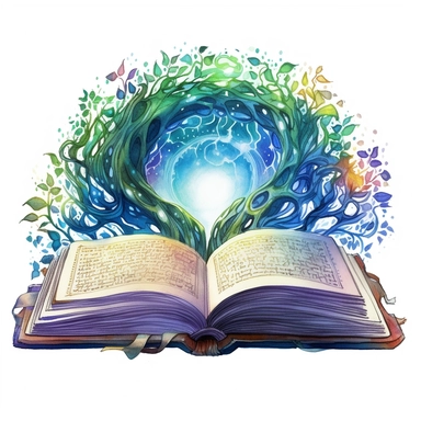 Solid white background, Detailed watercolor open ancient magic book that is encased in enchanted vines that form an alter for the open book to sit, greenblue northern lights glow from the book's pages, clipart. The visable pages of the book have sketched magic circles on them visibly