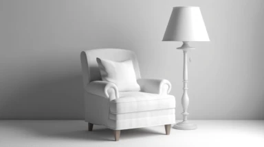 White fabric armchair on white background 3d rendering image.there are clipping path on an armchair and lamp, blank space, Bright color, ultra realistic
