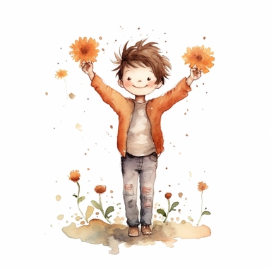 Love in you, boy, dancing, full body, happy face, brown hair, flower on head, beautiful thoughts, clear white background, self love, self confidence, watercolor, simply drawn for children book, handrawn watercolor graphic clipart, 16k