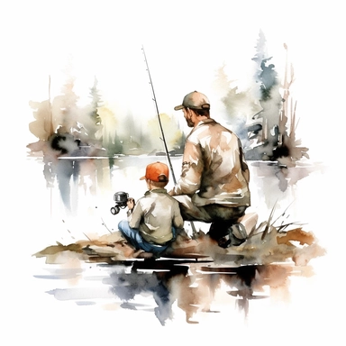 Fishing Father & Son Watercolor Bass Fishing Family Clipart, white background