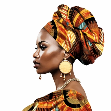 clipart african american woman wearing african print headwraps and matching earrings, glam, realistic, isolated white background--s 250
