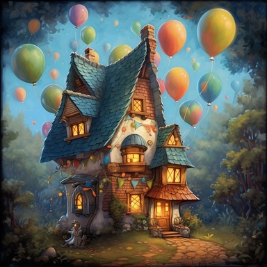 Whimsical magical wacky balloon cottage, dark forest, muted colors, swirls, twists, twirls, metallic, glitter, stylized, funny, centered, airbrushed, digital oil, detailed illustration, clip art, cartoon, 8k,-- ar 9:8