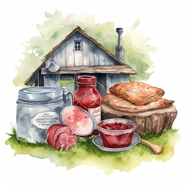 hand drawn country roadside stand in the grass,with Tennessee ham and strawberry jam, very detailed and realistic , watercolor, white background with margins, clipart style
