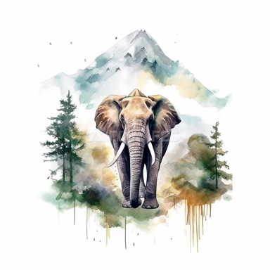 watercolor style, elephant with the mountain forest in the back clipart, isolated on white background, hd