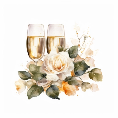 white beige rose border with leaves, champagne glasses wedding, mystical, beautiful, white background, single clipart, halloween element, Sparkling ,watercolor