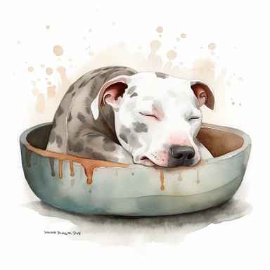 pit bull sleeping on a comfortable dog bed , water bowl, watercolor and ink drawing, clipart, happy, gentle smile, beautiful watercolor ink wash coloring, thick pencil lines, Jon klassen, Adrian tomine, popular on etsy, watercolor illustrations clipart, watercolor illlustrations for kids and children, book illustrations, plain white background
