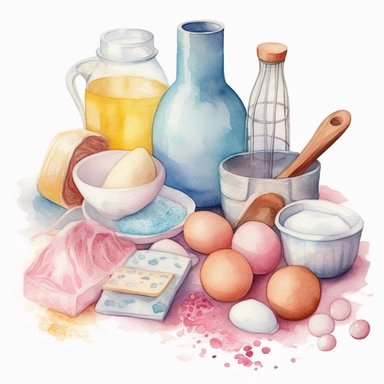 Design a watercolor clipart image of a set of baking ingredients, including flour, sugar, and eggs. Use pastel shades of pink, blue, and yellow to create a soft and inviting palette, and include plenty of texture and detail to make the ingredients look tactile and realistic, white background