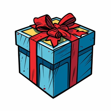 ticker design of a gift box with blue bottom and red top in marvel comics style and cartoon style, line clipart simple shape
