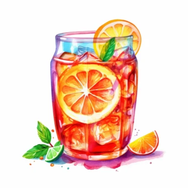 clipart watercolor pastel neon colors - summer icetea drink with ice cubes in it and cutted citrus fruits on top - hard contrast - high details - enough space between each item