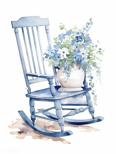 beautifully carved,vintage, country, extreme detail, sharp focus,rocking chair, beautifully carved , that has been painted a lovely shade of blue, watercolor, in the garden with flower pots next to it on the ground, arm rests and on white background, clip art
