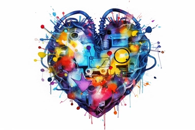 Watercolor, Generate a heart shape using intertwined technology gadgets clipart, hd, on a white background, spaced out