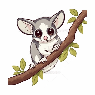 A clipart of a cute sugar glider hanging from a tree branch with its tail curled, designed on a white background.