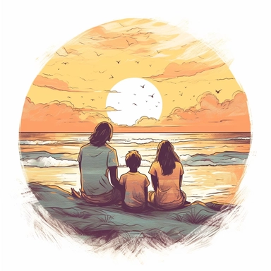 pastel boho beach sunset with family sitting looking at sea clipart, HD 4K Detail, white background