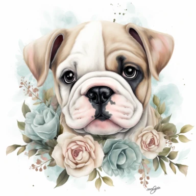 super cute newborn baby bulldog clipart with huge cute baby blue eyes happy smiling mouth painted in watercolor style, splashes, muted pastel blush pink and muted pastel sage green and muted pastel sage blue eucalyptus and peony flowers, white background jasmine becket griffith style hyper-realistic photorealistic hd