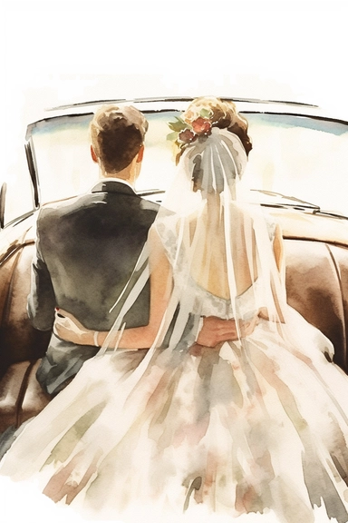 realistic watercolor drawing of bride wearing veil and groom leaving wedding in a car clipart, view of the back, in style of Michiel van Huysum, subtle faded color variations, hyper-detailed hd clipart, on white background, spaced out