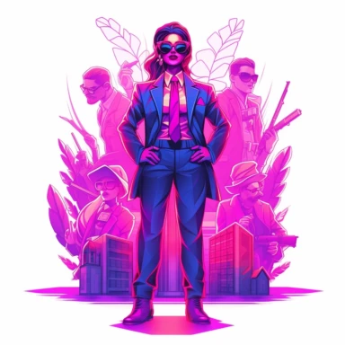 synthwave-styled mafia boss woman, full-body , watercolor , in the style of dan mumford, light magenta, tropical symbolism, cute and colorful, transparent layers, rounded, vibrant and colorful, clipart, white background, high detail, individual elements