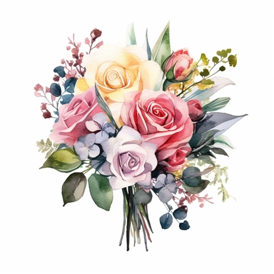 watercolor painted bouquet of mixed colored roses clipart, Flower Border clipart, Minimalist Flower Bouquet clipart, mixed colored roses Clipart roses painting formal glamour elegant style wedding floral bouquet, wedding clipart include babys breath flowers in the bouquet 4