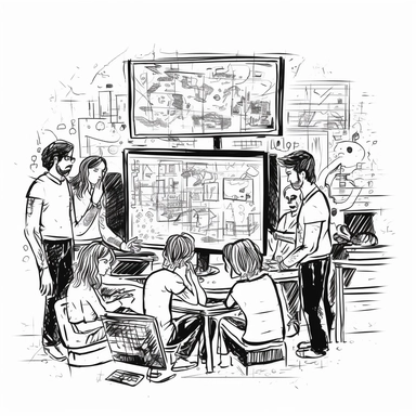 A group of people gathered around a large computer screen, representing a collaborative effort in creating an effective SEO, Google Ads, and lead generation strategy. high-contrast sketch,black and white, strong design elements, clipart