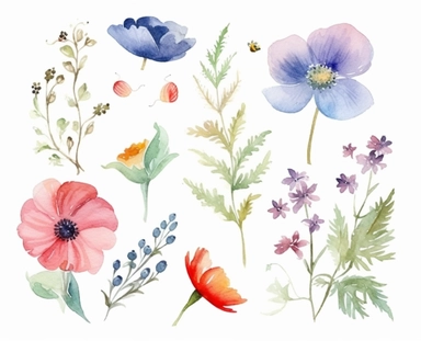 watercolor flower clip art for april, in the style of dreamlike composition, white background, show the top view of the flower, poetic pastoral scenes