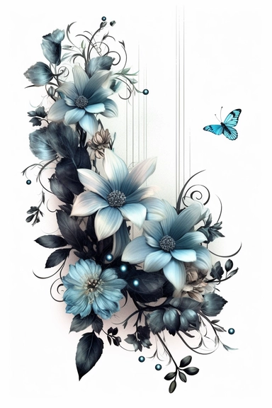 flower frame free flower frame clipart, in the style of black and white realism, dark aquamarine and gray, tattoo-inspired, asymmetrical composition, matte photo, fantasy illustration, dark white and white