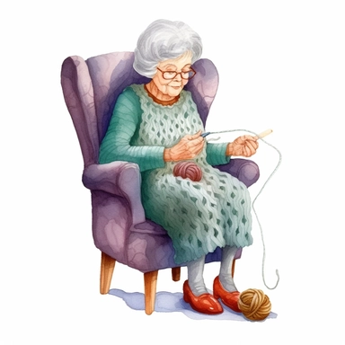 Granny knitting on the chair, Grandma, illustration, extremely detailed, illustration clipart, on white background, watercolor