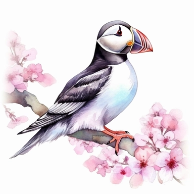 Atlantic Puffin sits on a sakura branch on a white background, illustration in watercolor style, drawing done in professional glazing technique, expressive details, realistic drawing technique, saturated colors, harmony with nature, pronounced contours, clipart, a masterpiece, white background