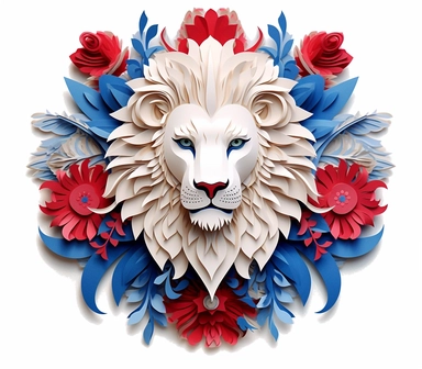 Beautiful Patriot 3D Paper Cut Flower lion For 4th Of July Sublimation Clipart,Cartoon, hyper realistic, intricate detail, illustration style,high solution,on the white background , 32k resolution, ultra high definition