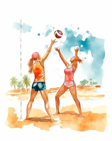 watercolor clipart beach volleyball game with players playing, hyper realistic, 8k, isolated on white background