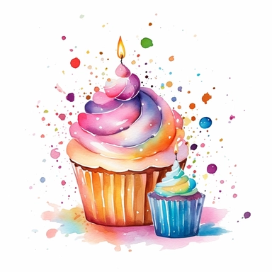 Watercolor, colorful birthday cake and cupcakes, confetti, vector clipart, white background