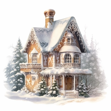 stunning gingerbread house in snow, soft faded colors, Christmas clipart by Thomas Kinkade, Marjolein bastin