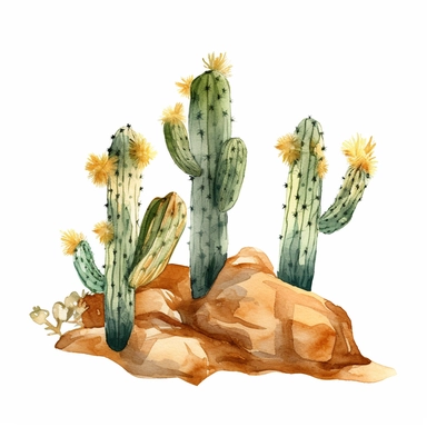 watercolour painted multiple desert cactus, in the style of animated gifs, desertwave, landscapist, historical themes, transavanguardia, travel, grid-based, clipart, isolated on a white background, spaced out
