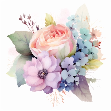 watercolor floral clipart free, filled with hydrangea, carnations and roses, in the style of realistic usage of light and color, in the style of soft pastel watercolors, harmonious composition, soft pastel colors, mauve, pink, and baby blues, soft focus romanticism, decorative paintings, large canvas sizes, colorful patchwork, eye-catching composition, dense composition, high resolution