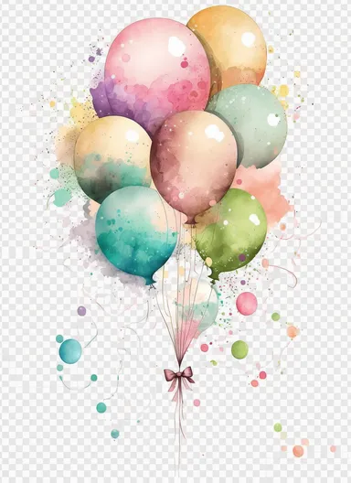 knolling, watercolor, birthday balloons on strings, pastel colors, clipart, transparent background, clear background, hikecore, soft, lithograph, 32k uhd, textual