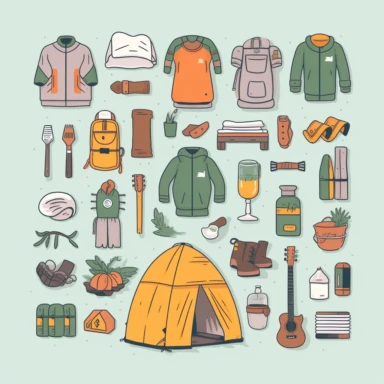 summer Camping clothing, simple color palette, a selection of camping equipment laid out, graphic style, Vector Line Art, l minimalistic logo, minimal, korean illustration style clipart art supply theme cute on white background