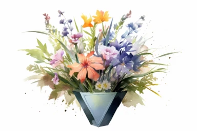 Watercolor , Wild Flowers in Octagonal vase, clipart, hd, on a white background, spaced out