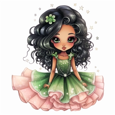 A cute detailed black girl in chibi style, Jasmine Becket - Griffith style, watercolour illustration clipart with real glitter detail, wearing a beautiful pink full length ballgown style dress, the girl has long black hair, the girl has green eyes, full body image, with feet isolated on a white background,