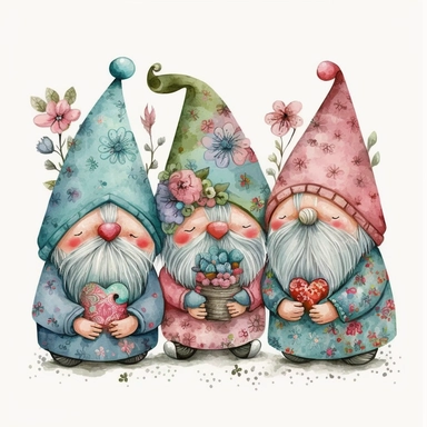 Watercolor happy gnomes valentine threme, Clipart, Colorful, Retro, highly detailed on white background