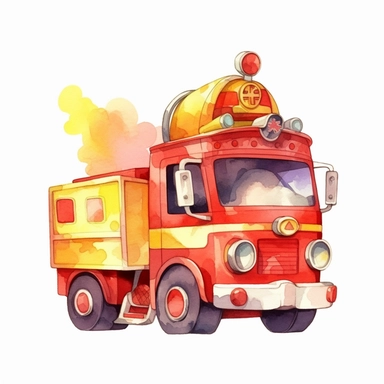Draw a cartoon of happy cute and tiny Firetruck clipart image, watercolor, illustration children's book, sharp edges, no shadow on background, white background