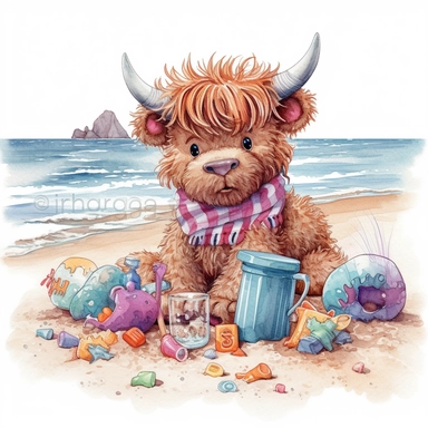 Baby Highland Cow play in the beach with beach toys, highly detailed, cartoon, watercolor, clipart, illustration, white background, digital painting, paper crafting, no signature, no text