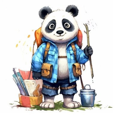 cute Panda character wearing camping clothes and camping gear with happy face,front facing on isolated background,with happy face and expression,Animal Sublimation Clipart,no splash watercolor,white background, ultra detailed clipart, cut out image, colorful watercolor realistic, cartoon style, ultra HD, sharp and clean art