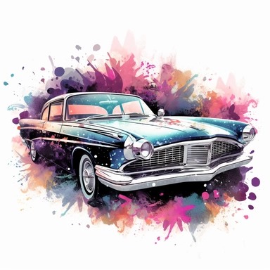 A stunning old retro car takes center stage in a Tron-inspired landscape, Limousine retro car, clipart, floral, watercolor splash, lavender. The classic car boasts futuristic modifications, including neon accents and sleek digital paneling, merging the elegant lines of the vintage vehicle with the high-tech aesthetics of the Tron universe, white background, splash