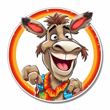 clip art sticker, cheerful donkey, vibrant, on white background