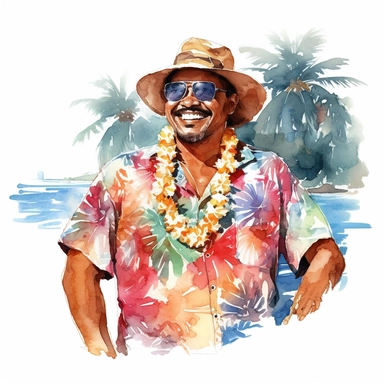 watercolor aboriginal hawaii man on the beach in aloha shirt clipart