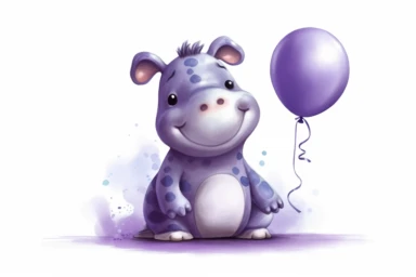 Cute carton little hippo with purple balloon, white background , in the style clipart, digital airbrushing, high resolution, children's book illustration,