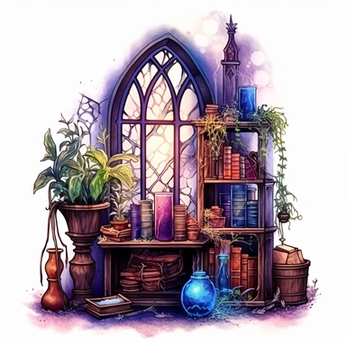magical style wizard's magic attic corner with watercolor effect,suitable for digital clipart,full of old magic tools,cabinet full of magical plants,magic glass globe,a gothic style window with night landscape,white background,magical scene,fairy dark colours,green ,blue,purple,gothic details
