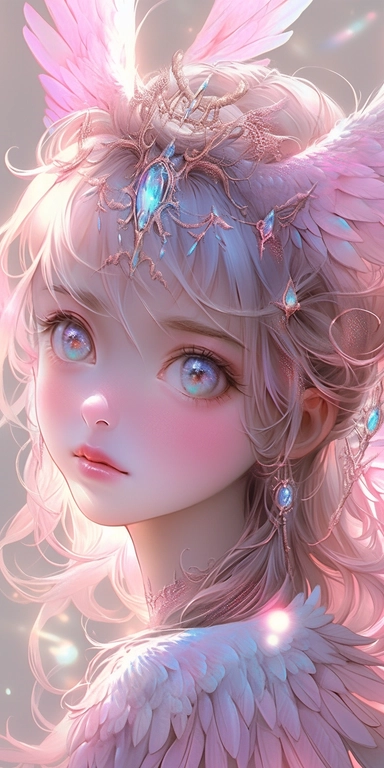 pastelcolor beautiful fantasy art, Angel with beautiful realistic face and beautiful eyes, with purple and pink feathers, angel wing, gold light, chibi kawaii animated style, vivid vibrant colors, intricate detail, hyper detailed, hyper quality, 32K, unreal engine, isolated on white background, kawaii, clipart
