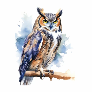 great horned owl, detailed watercolor illustration, clipart, plain isolated white background, 8k ultra detail high sharpness
