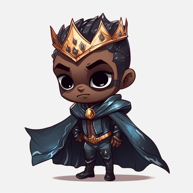 zeeb labs art style boy, super hero, tiny chibi body with diamond suit, dark skin tone, crown, Mask, smerk, super long cape, clipart, sticker, no background, hd