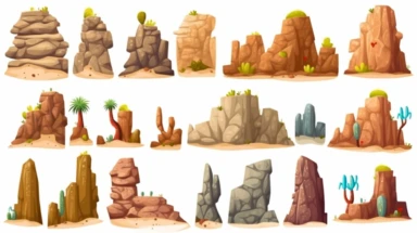 Desert rock vector set, cartoon stone canyon arc, Mexico eroded nature boulder isolated on white. Drought environment game object, dry cracked cliff kit west raw terrain formation. Desert rock clipart