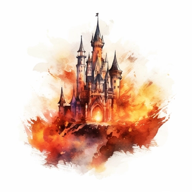 watercolor fire Castle, flame around, detailed, hd, clipart